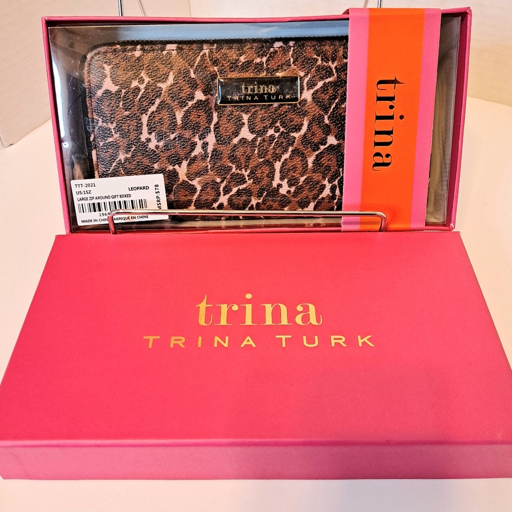 TRINA TURK Leopard Print Long Wallet New in Box Pink and Brown